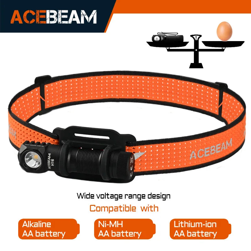 Acebeam H16 Super Lightweight Headlamp AA Battery LED Right Angle Light EDC Flashlight 5000K CRI 90 6500K 1000 Lumens