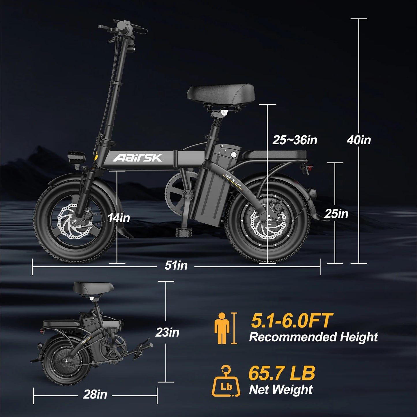 Aairsk F6Pro Electric Bicycle 500W Brushless Motor 48V 15AH Removable Battery 14"*2.15Tire Electric Bike With Bcak Seat Ebike