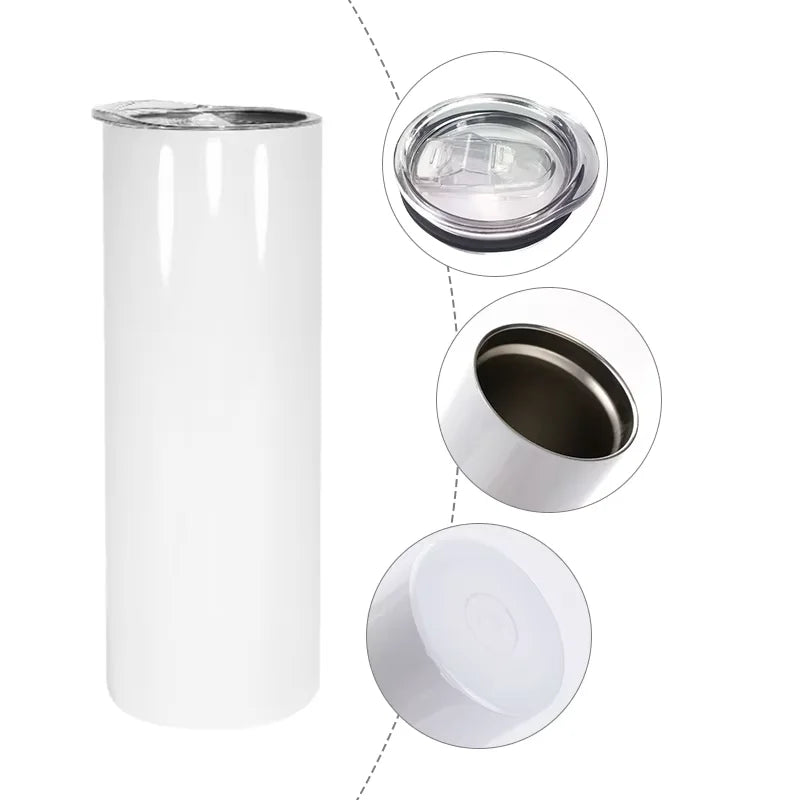 50pcs Pack 20oz Double Wall Stainless Steel Insulation Sublimation White Tumbler with Plastic Straw and Rubber Bottom Hu