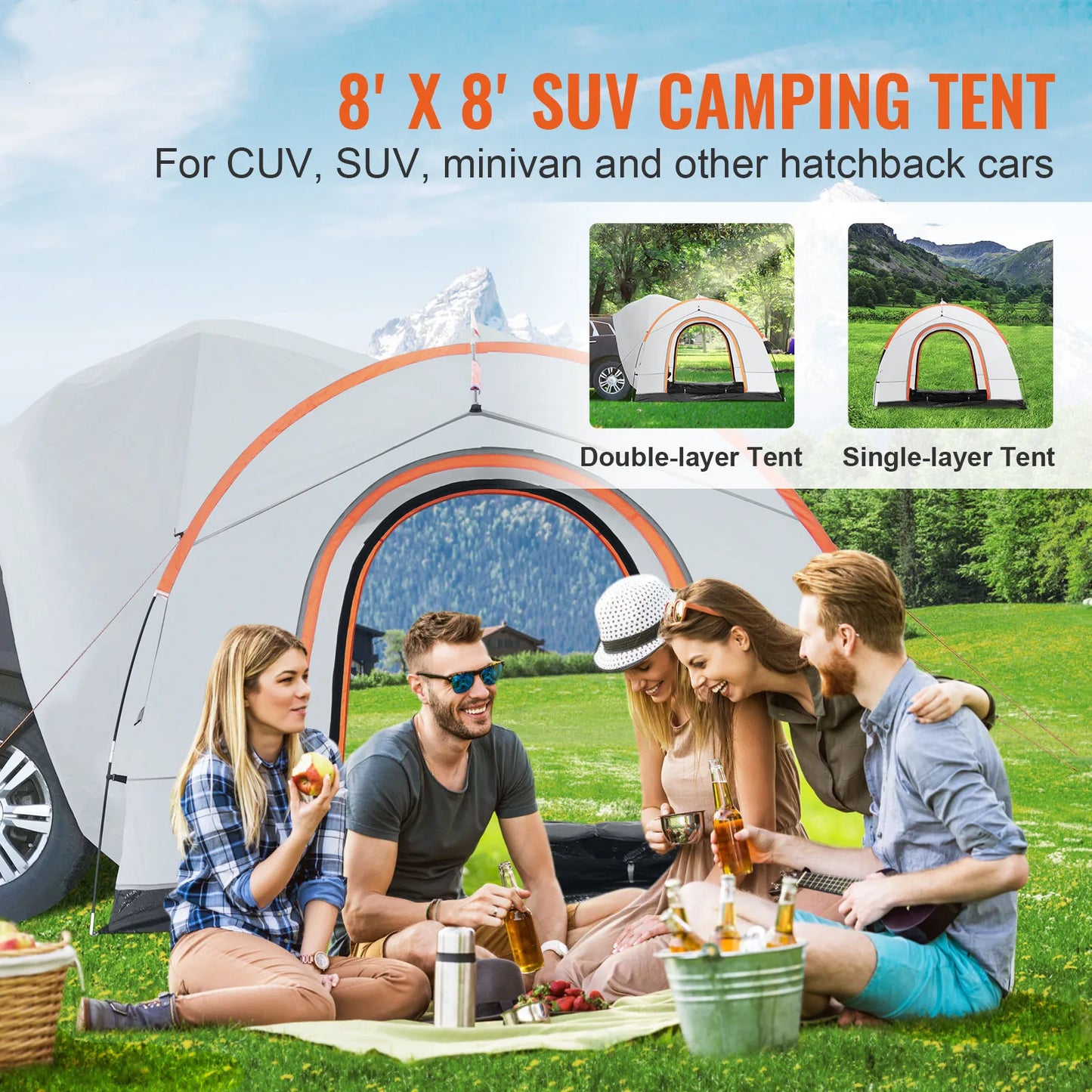 SucceBuy SUV Camping Tent 8 to 8 Foot SUV Tent Attachment with Rain Layer and Carry Bag PU2000mm Double Layer Truck Tent