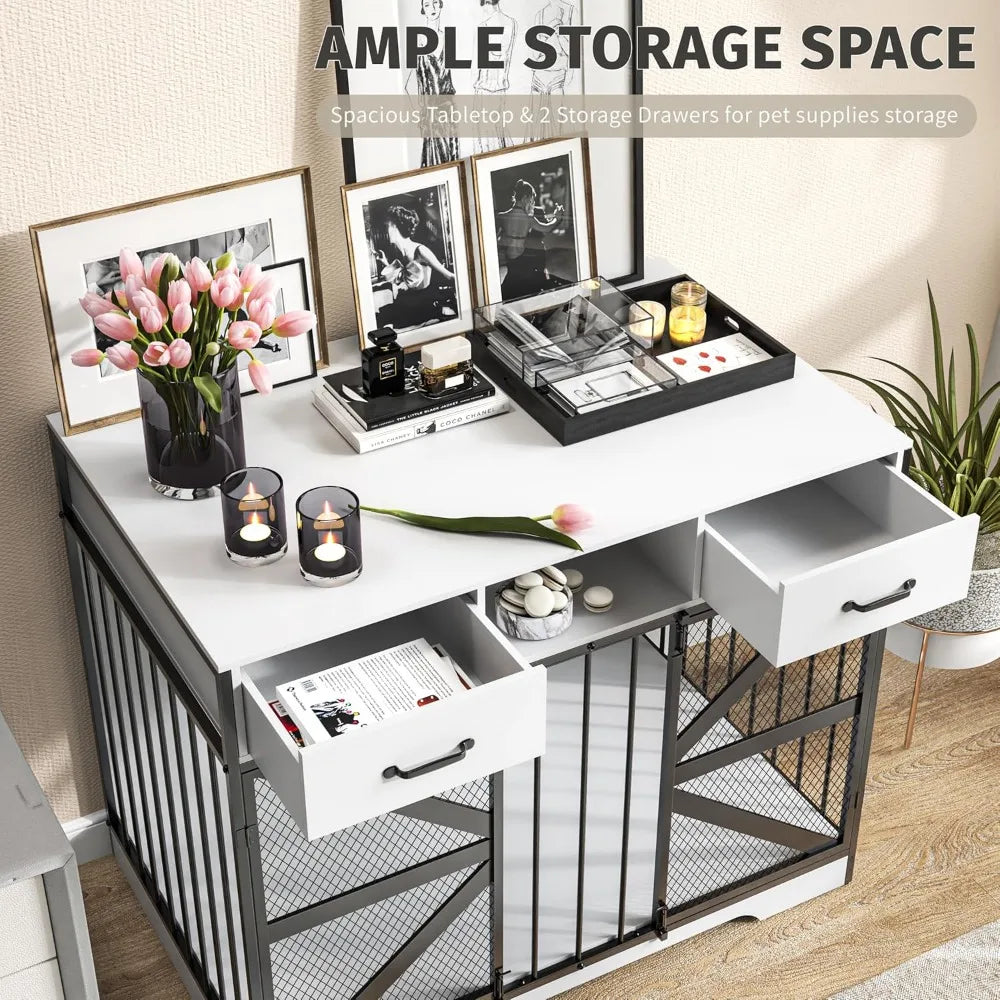 Large Wooden Indoor Dog Crate for XL and Medium Dogs - Heavy Duty Metal Cage with Decorative Design