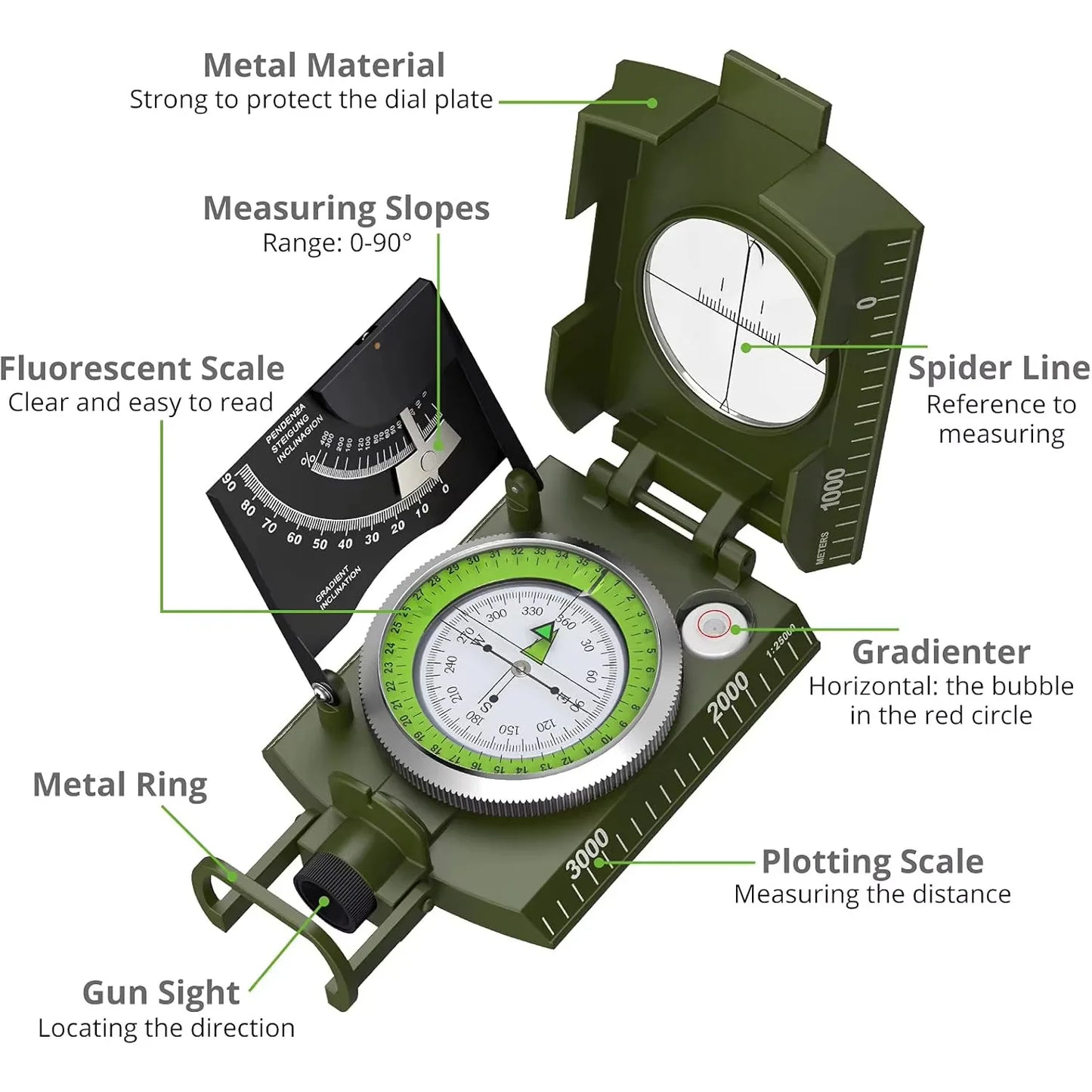 Professional Lensatic Compass Metal Waterproof IP65 Compass Sighting Clinometer with Carry Bag for Camping Outdoor Activities