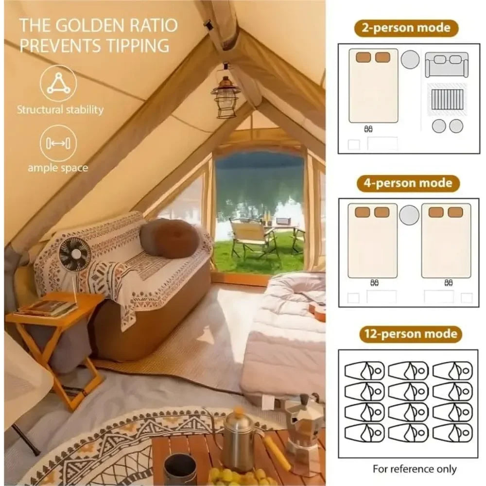 Inflatable Camping Tents for 8 to 10 People 129 Square Feet Large Tent with Stove Jack and Mesh Windows