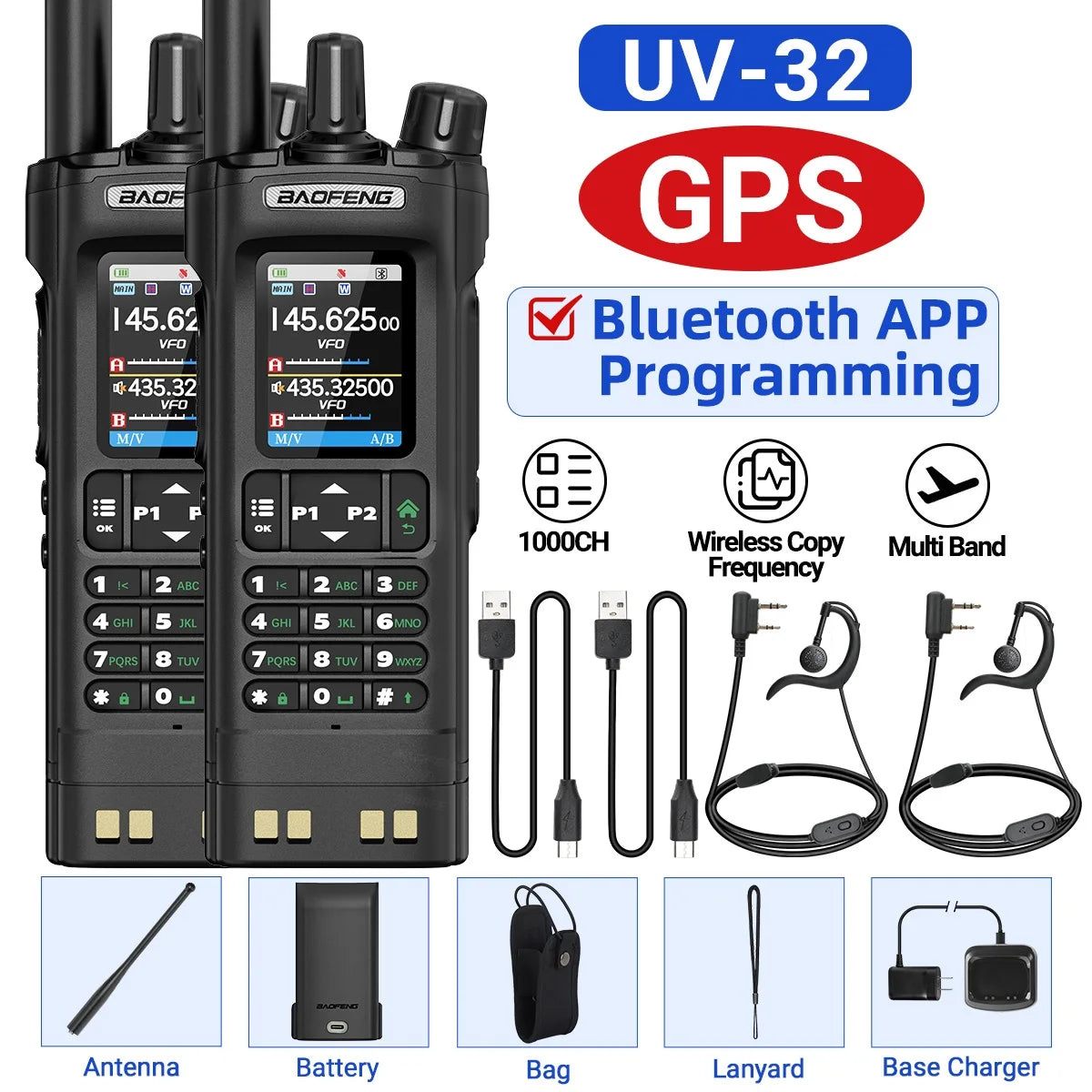 Baofeng UV-32 Walkie Talkie Multi Band 10W GPS Bluetooth Programming Amateur AM Two Way Radio with 2.0 Inch Screen Type C Ham Radio