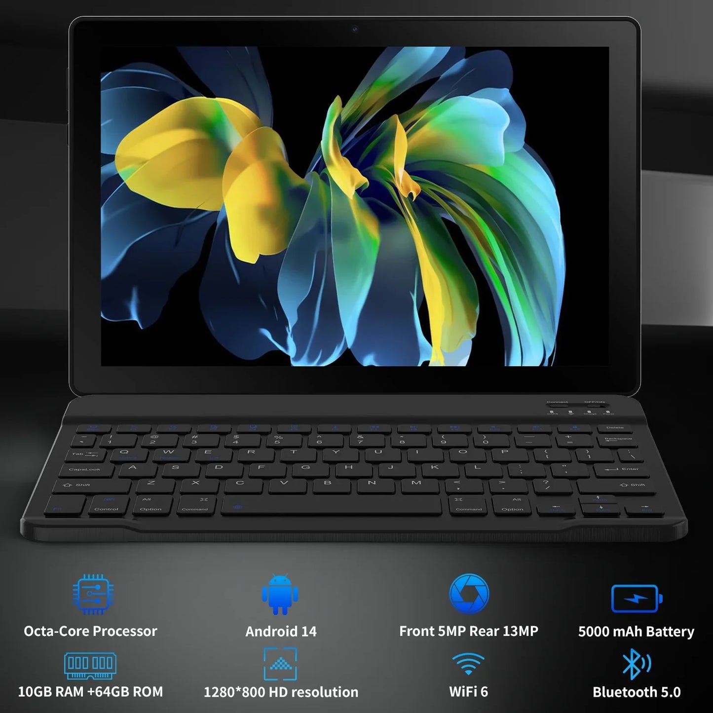 Android 14 10 inch Tablet, A523 Octa Core, 8GB RAM + 64GB ROM(TF 1TB), 5000mAh, Face Unlocked,Black+Keyboard & Mouse Set, Black