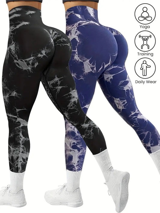 Women's 2pcs Tie Dye Seamless Yoga Leggings High Stretch Comfort Fit Athletic Pants for Gym Home Workouts