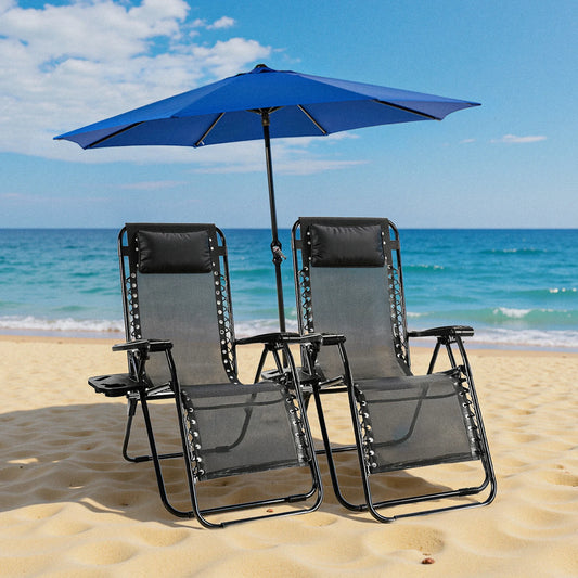 JHK Zero Gravity Set of 2 Portable Recliner Camping Patio Outdoor Garden Lounge Chair with Cup Holder Trays and Adjustable Pillow