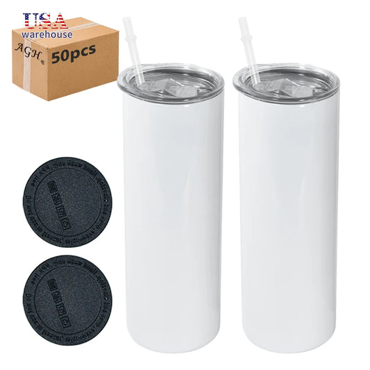 50pcs Pack 20oz Double Wall Stainless Steel Insulation Sublimation White Tumbler with Plastic Straw and Rubber Bottom Hu