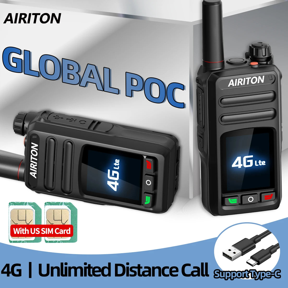 2PCS Global Network POC Radio Walkie Talkie 4G WiFi Unlimited Range Type C Long Range SIM Card Two Way Radio for Hunting Camping