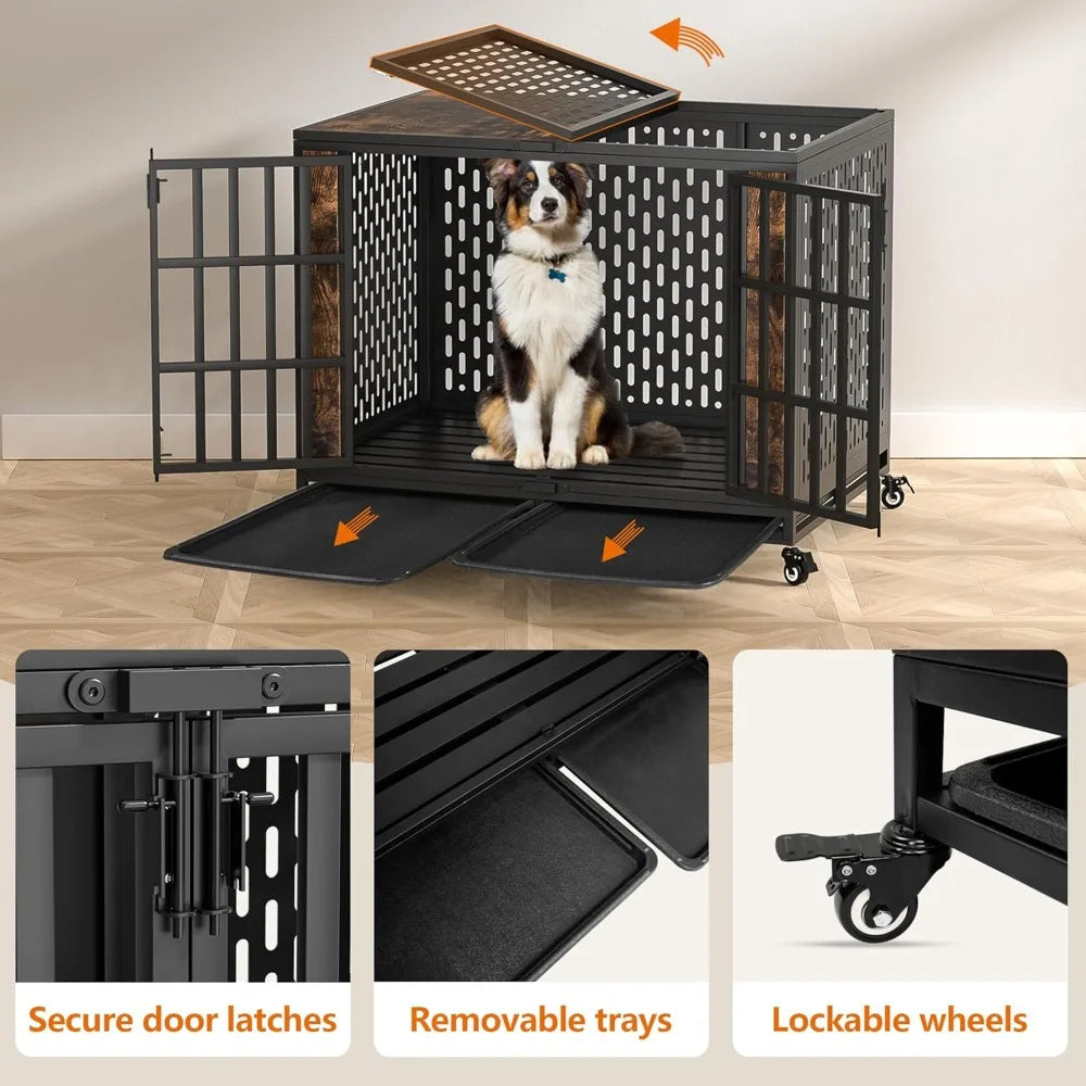Sturdy 42-inch Dog Crate for Large and Medium Breeds, Secure and Durable Kennel for Anxious Dogs, Rustic Brown Indoor Pet Cage