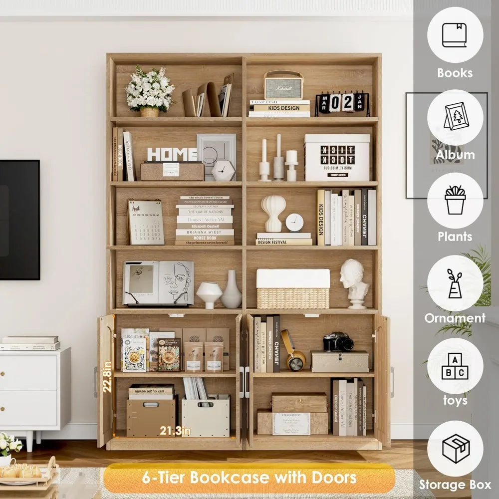 Bookshelf and Bookcase with Doors, 6 Tier Double Wide Large Bookshelves, Open Display Shelves, 73'' Tall Bookshelf with Storage