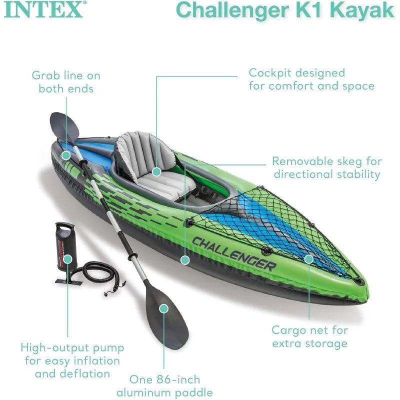 Intex Challenger Inflatable Kayak Series with Deluxe 86 Inch Paddles and High Output Pump Super Strong PVC