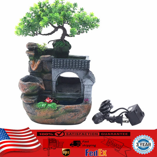 Desktop Fountain Rock Waterfall Humidifier with Artificial Tree &LED Light Feng Shui Decoration for Aquariums Office Décor