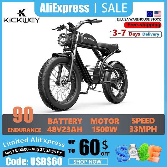 Kickwey K7 Adult Electric Bicycle 1500w 48V 23ah Mountain Electric Bike 20 Inch Fat Tire Outdoor Entertainment Off Road E Bike