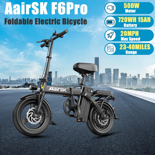 Aairsk F6Pro Electric Bicycle 500W Brushless Motor 48V 15AH Removable Battery 14"*2.15Tire Electric Bike With Bcak Seat Ebike