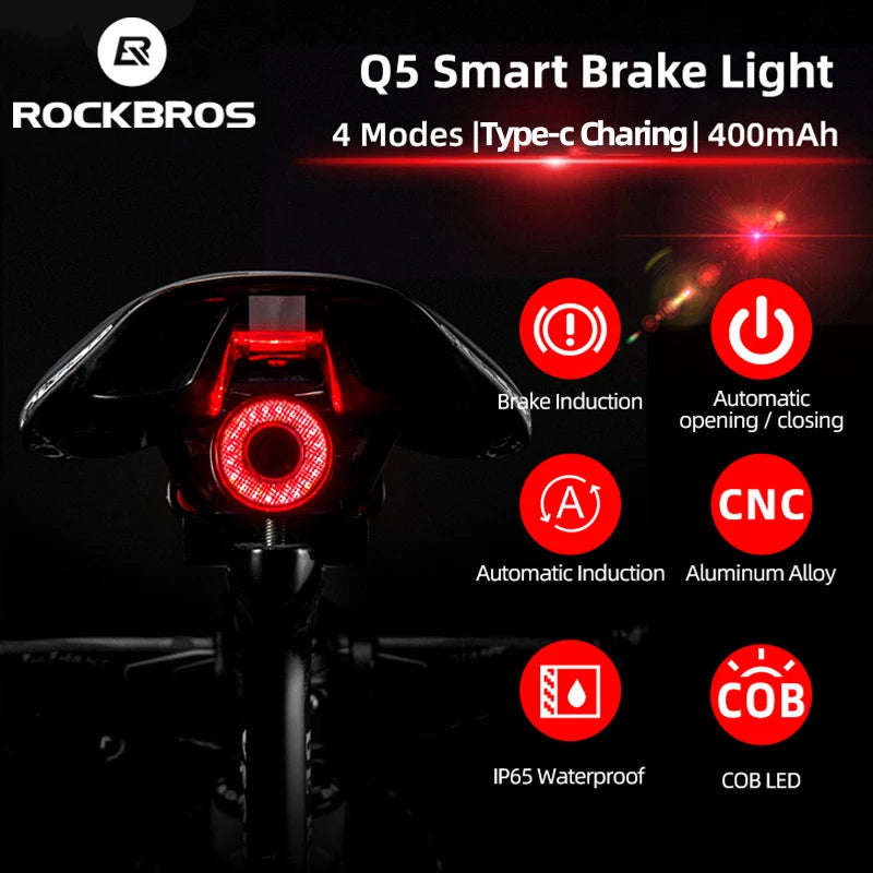 Rockbros Bicycle Smart Auto Brake Sensing Light IPX6 Waterproof LED Charging Cycling Taillight Bike Rear Light Accessories Q5