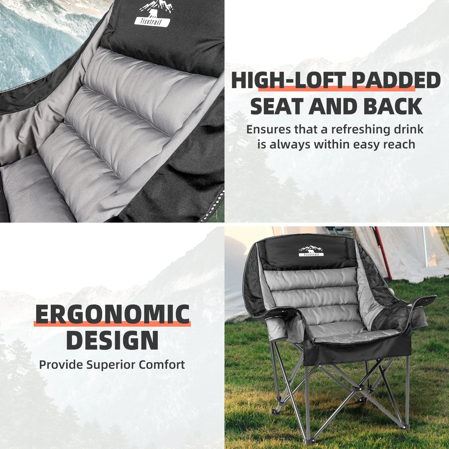Tisetrail Oversized Padded Camping Chair Extra Large Camp Chairs for Adults with Side Pocket and Cup Holder Black and Gray