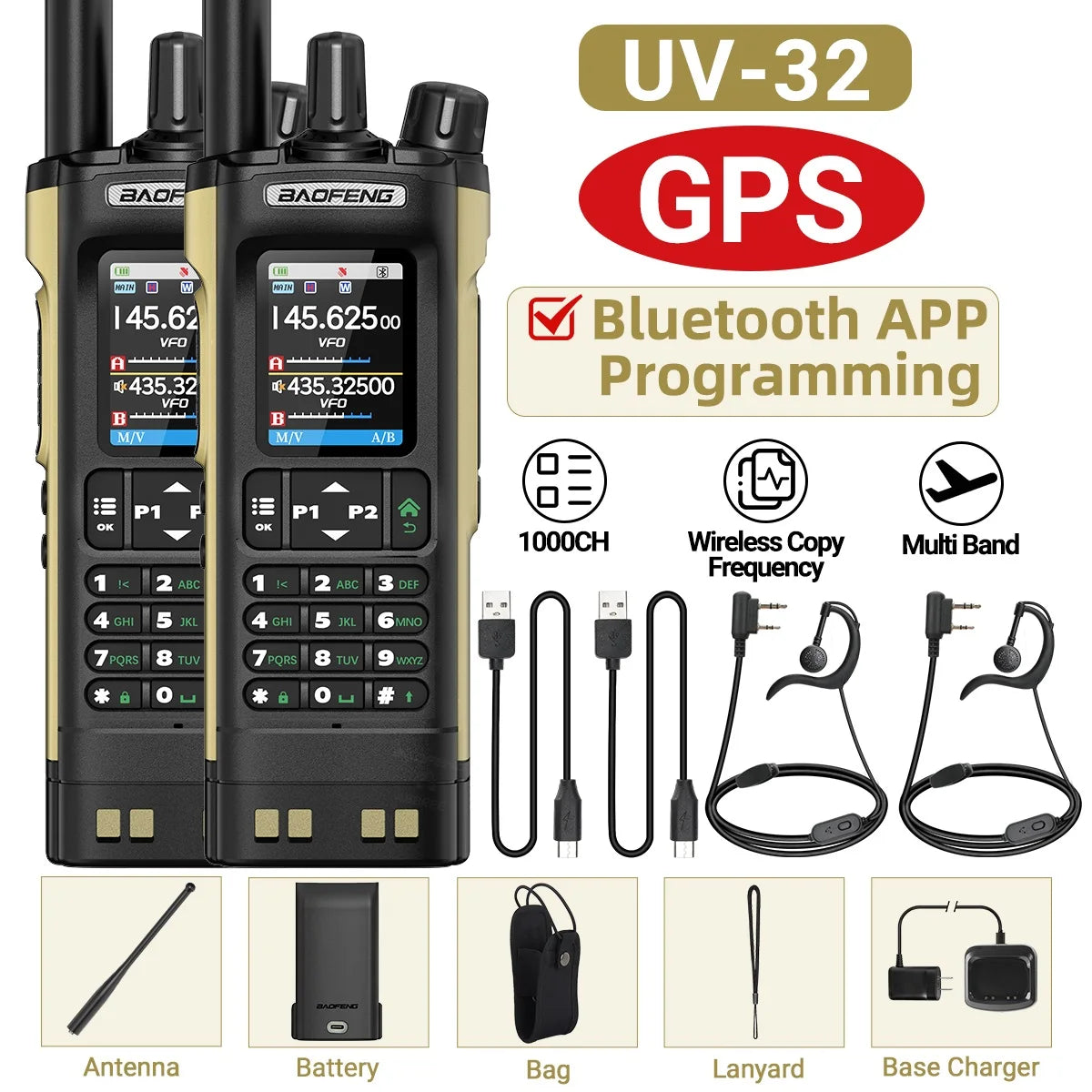 Baofeng UV-32 Walkie Talkie Multi Band 10W GPS Bluetooth Programming Amateur AM Two Way Radio with 2.0 Inch Screen Type C Ham Radio