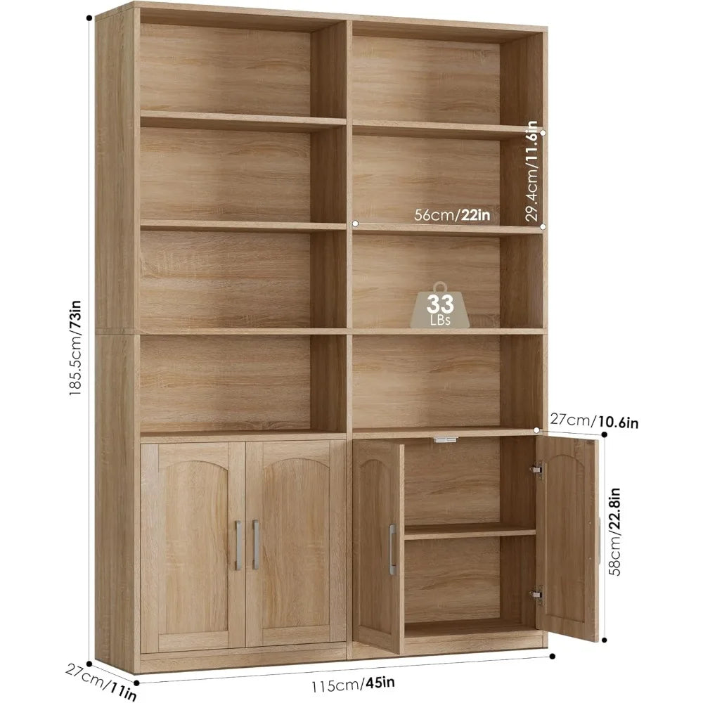 Bookshelf and Bookcase with Doors, 6 Tier Double Wide Large Bookshelves, Open Display Shelves, 73'' Tall Bookshelf with Storage