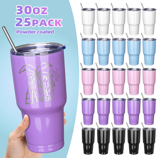 25 Pack 30OZ Powder Coated Curved Design Car Cups, Stainless Steel Water Bottle， Laser Engraved Drinkware Coffee Cup