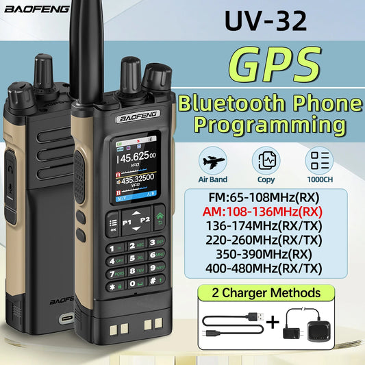 Baofeng UV-32 Walkie Talkie Multi Band 10W GPS Bluetooth Programming Amateur AM Two Way Radio with 2.0 Inch Screen Type C Ham Radio