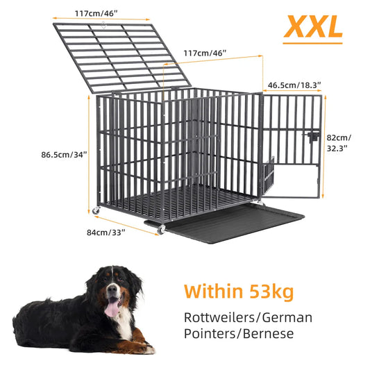 Xxl Large Heavy Duty Dog Crate Strong Pet Cage Tear Resistant Square Tube Metal Kennel Playpen with Lockable Wheels and Tray