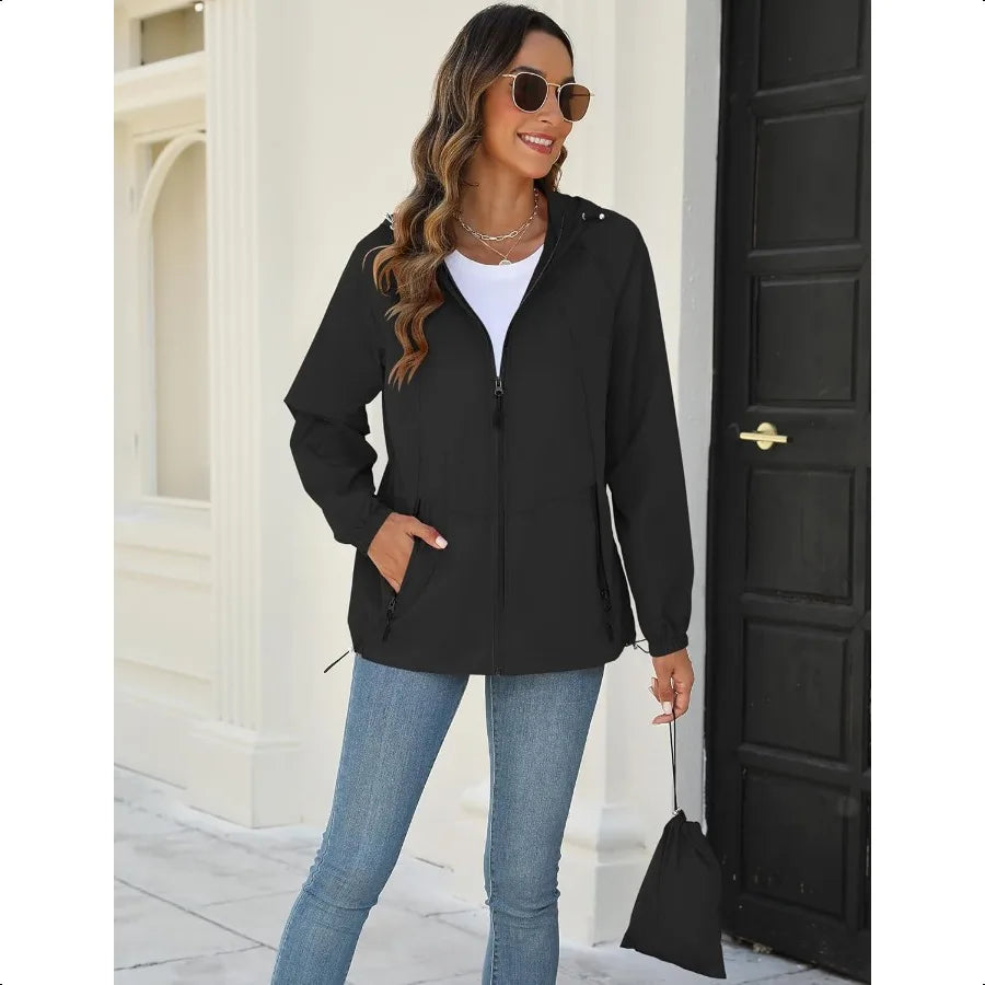 Avoogue Rain Jacket for Women Waterproof Lightweight Windbreaker Jacket with Hood Packable Raincoat with Pockets S3XL