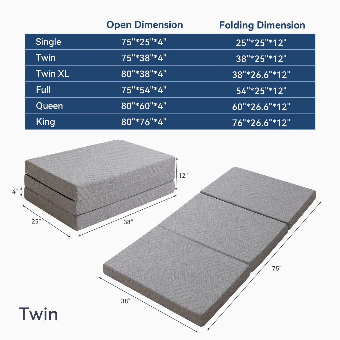 Hcore Folding Mattress 4 Inch Foldable Memory Foam Mattress with Bag Portable Mattress Topper for Floor Camping and Guest Use