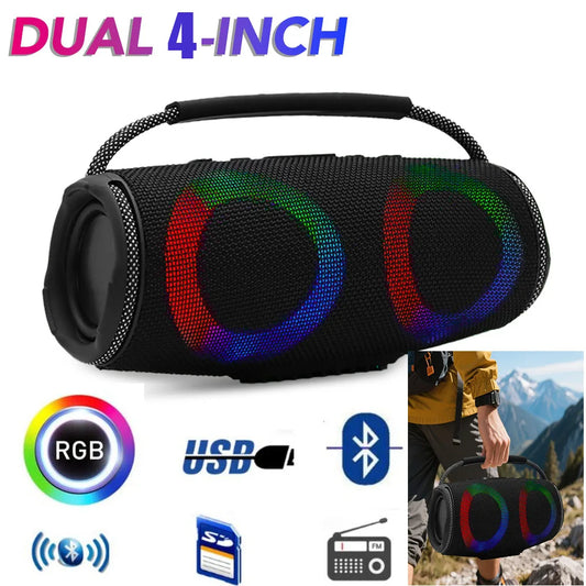 Powerful Bluetooth Speaker with LED Light Portable Outdoor Speakers Dual 4 Inch Subwoofer Sound Box
