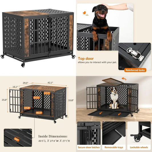 Sturdy 42-inch Dog Crate for Large and Medium Breeds, Secure and Durable Kennel for Anxious Dogs, Rustic Brown Indoor Pet Cage