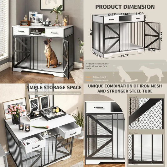 Large Wooden Indoor Dog Crate for XL and Medium Dogs - Heavy Duty Metal Cage with Decorative Design