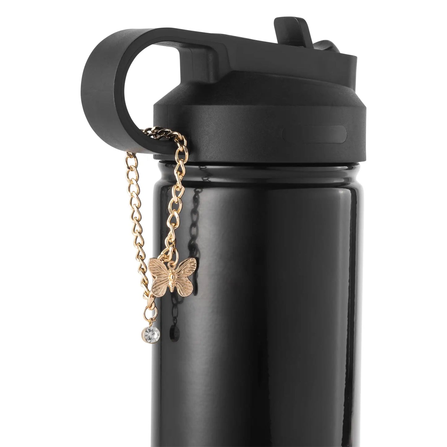 26 oz Water Bottle with Straw Lid, Black with Butterfly Gold Charm