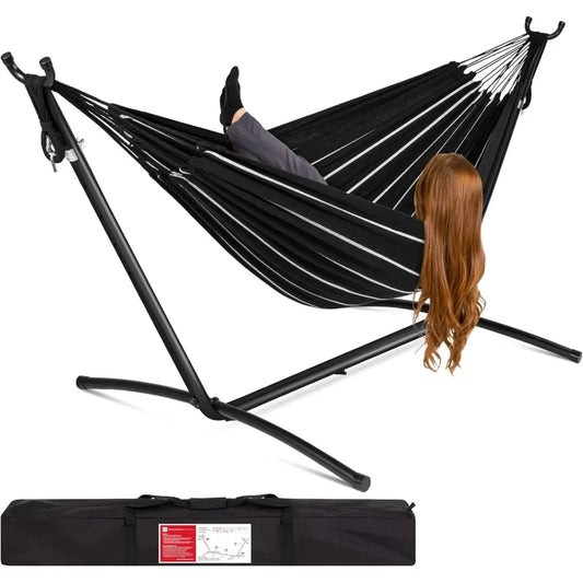 Double Hammock With Steel Stand Indoor Outdoor Brazilian Style Cotton Bed With Carrying Bag