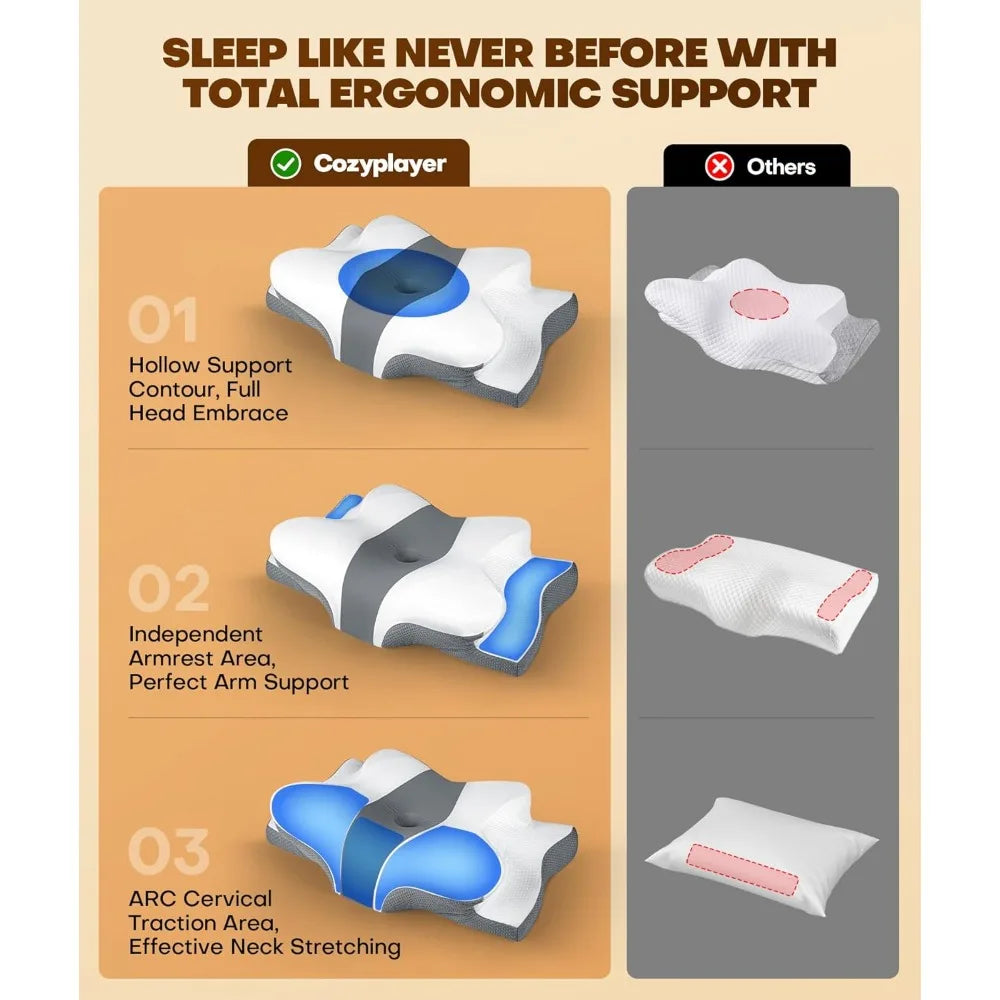 True Cooling Cervical Neck Pillow for Pain Relief, Ergonomic Side Sleeper Pillow for Neck Support, Odorless Orthopedic Contour