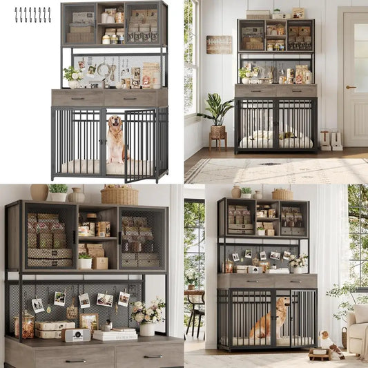 Large Indoor Dog Crate with Hutch, 71" Tall and 42" Wide, Suitable for Medium to Large Dogs, Wooden Dog Cage with Two Storage Ar