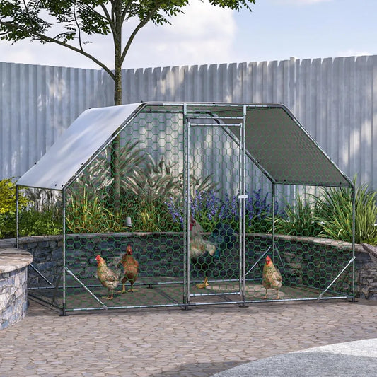 Large Metal Chicken Coop for 5-10 Chickens, Rabbits, Ducks, 6.46×9.94×6.36 ft Outdoor Pen Walk-in Poultry Cage with Water-Reside