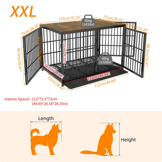 Heavy Duty XXL Dog Crate Wooden Industrial Dog Cage Kennel Furniture Style End Table Cabinet with Three Doors and Removable Tray